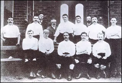 The Preston North End team that won the Football League title in 1888-89: George Drummond, Bob Holmes, Robert Howarth, William Sudell, John Graham and Robert Mills-Roberts are in the back row. John Gordon, Jimmy Ross, John Goodall, Fred Dewhurst and Samuel Thompson are sitting on the bench.