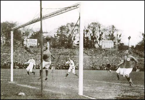 Sandy Turnbull (out of shot) scores the winning goal against Bristol City in the1909 FA Cup Final at Crystal Palace.