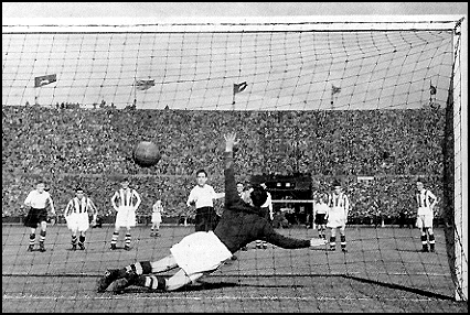 George Mutch scores the penalty that won the 1938 FA Cup Final.