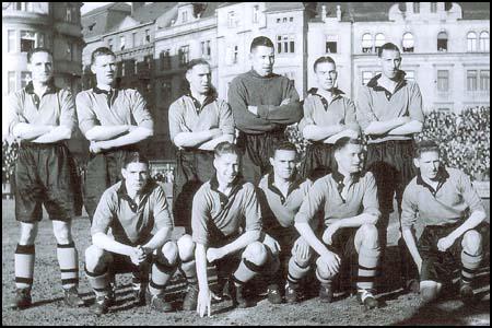 The Wolves team in 1938. Back row from left to right:Bill Morris, Dennis Westcott,George Ashall, Alex Scott, Jack Taylor, Tom Galley. Front row:Dicky Dorsett,Bill Parker, Bryn Jones, Joe Gardiner andTeddy Maguire