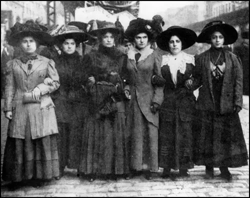 Mary Dreier, Ida Rauh, Helen Marot, Rena Borky, Yetta Raff and Mary Effers take part in a demonstration against attempts to stop women joining trade unions.