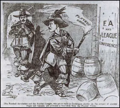 Billy Meredith portrayed as Guy Fawkes by the Manchester Evening Newswhen he created the Association Football Players Union (January 1909)