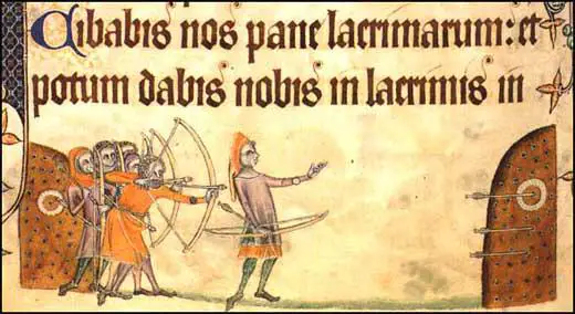 Longbowmen practising at the butts (Geoffrey Luttrell Psalter, 1325)