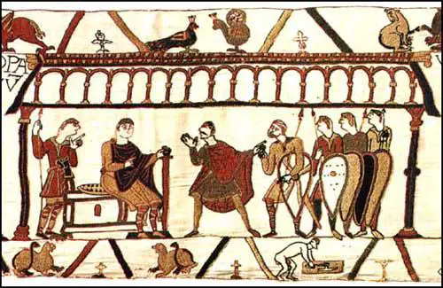 William of Normandy (seated) negotiates with HaroldGodwinson (with mustache) in 1064 Bayeux Tapestry (c. 1090)