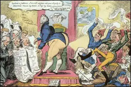 George Cruikshank produced Loyal Addresses and Radical Petitions in December 1819. In the weeks following the PeterlooMassacre, George Prince of Wales received petitions from Toryloyalists and Radicals demanding parliamentary reform.