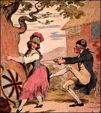 James Gillray cartoon shows Tom Paine trying to fit awoman (representing Britain) into a French corset (1793)