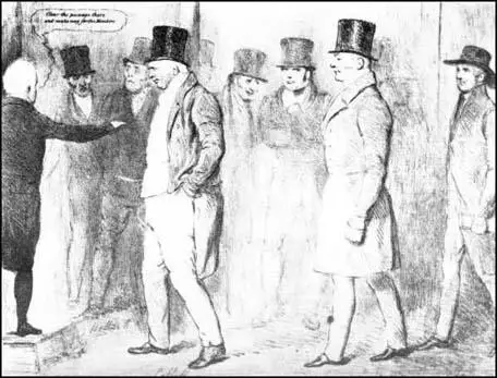 John Doyle, drawing showing three new MPs, William Cobbett, JohnGully and Joseph Pease (the first Quaker elected to Parliament) arrivingin March 1833. An angry Horace Twiss can be seen third from the right.