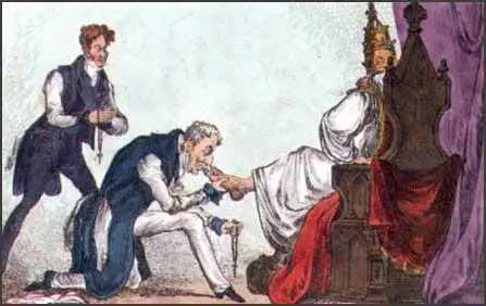 Cartoonist view of Robert Peel, Duke of Wellington and the Pope (1829)