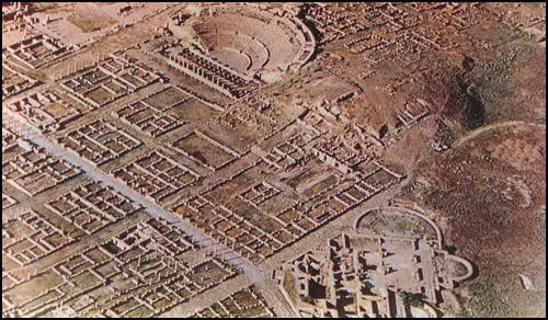 Aerial view of the remains of the Roman city of Timgad in Africa.