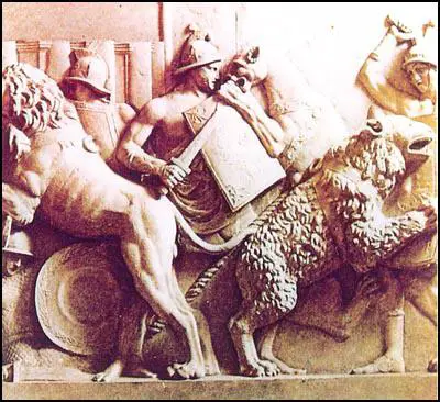 Sculptured relief showing gladiators fighting wild animals (AD 150)