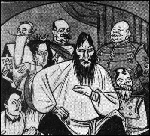 Russian cartoon showing how Rasputin dominated the Royal Court (1916)