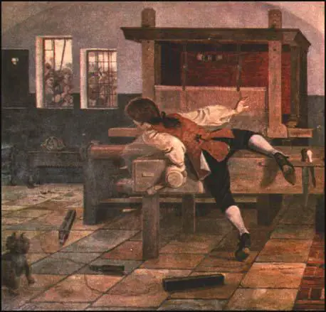A section of a mural produced by William Bell Scott that showsJohn Kay escaping from his home in 1753 after being attacked bylocal textile workers.