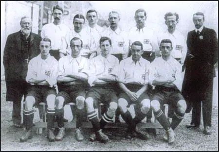 The England team that won the 1908 Olympic Games gold medal. Vivian Woodward is in the centre of the front row. Harry Stapley is sitting to Woodward's right. William McGregor is standing on the left with Kenneth Hunt next to him.