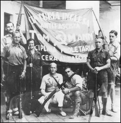 Members of the Tom Mann Centuri unit in Barcelona in September 1936. Left to right: Sid Avner, Nat Cohen, Ramona, Tom Winteringham, George Tioli, Jack Barry and David Marshall.