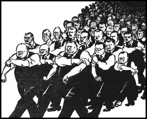 David Low, All Behind You, Winston (14th May, 1940). The cartoon shows in the front row Winston Churchill, Clement Attlee, Ernest Bevin and Herbert Morrison.