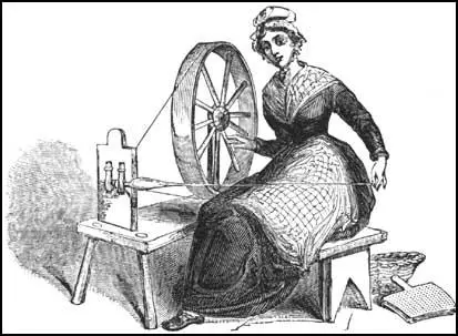 This drawing of a woman using a spinning-wheel appeared in 1835. Her hand-cards are on the floor.