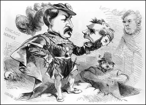 This cartoon of George McClellan holding the skull of Abraham Lincoln was published in the New York World during the presidential campaign of 1864.