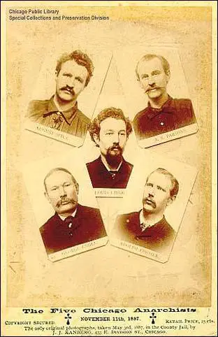 Photographs taken on 3rd May, 1887. August Spies, Albert Parsons, Louis Lingg (centre), George Engel and Adolph Fisher.