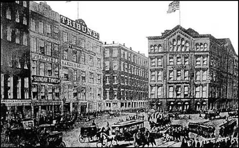 Printing House Square, New York Times is onthe right and the Tribune is in the centre (1865)