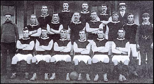 West Ham United in 1904-05: Back row (left to right): Herbert Bamlett, Aubrey Fair,Matt Kingsley, David Gardner, Syd King (manager): Middle row: Tom Robinson (trainer), Fred Brunton, Tommy Allison, Frank Piercy, John Russell, Len Jarvis, Fred Mercer, Charlie Paynter (assistant trainer). Front row: William McCartney, Charlie Simmons, Billy Bridgeman, Jack Fletcher, Christopher Carrick, Jack Flynn.