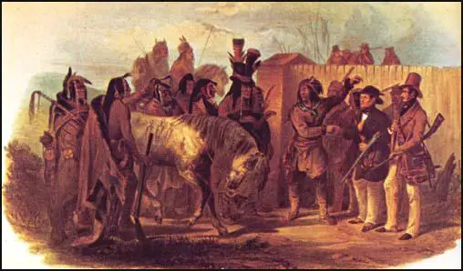 Karl Bodmer (extreme right) meeting the Minnetaree (1833)
