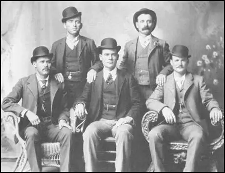 Left to right: Henry Longbaugh (Sundance Kid), William Carver,Ben Kilpatrick, Henry Logan and Robert Parker (Butch Cassidy)