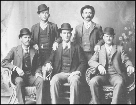 Left to right: Henry Longbaugh (Sundance Kid), William Carver,Ben Kilpatrick, Henry Logan and Robert Parker (Butch Cassidy)