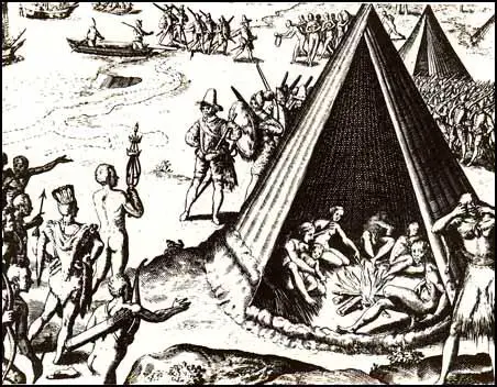Illustration of Drake's arrival in California appeared in Historia Americae (1599)