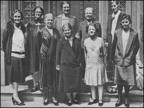 Nine victorious members of the Labour Party at the 1929 General Election: Left to right, Cynthia Mosley, Marion Phillips, Susan Lawrence, Edith Picton-Turberville, Margaret Bondfield, Ethel Bentham, Ellen Wilkinson, Mary Hamilton and Jennie Lee.