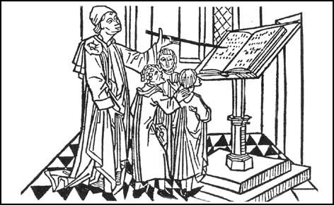 (1) A woodcut of an elementary song school.