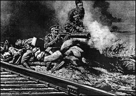 Artist impression of Private Sidney Godley at Nimy Bridge